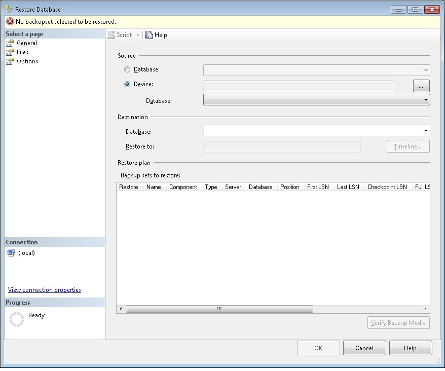 SQL Server Management Studio restore database dialog