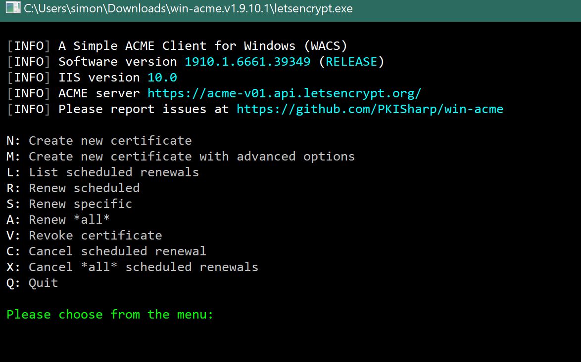 win-acme client prompt to create a new Let&rsquo;s Encrypt certificate