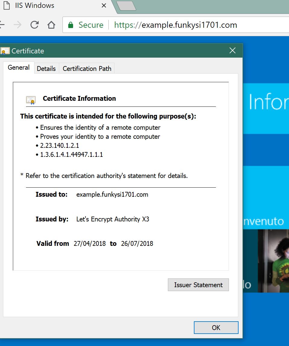 win-acme client confirming Let&rsquo;s Encrypt certificate setup