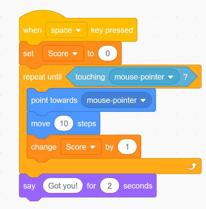 Scratch project where the sprite moves towards the mouse pointer and displays a got you message
